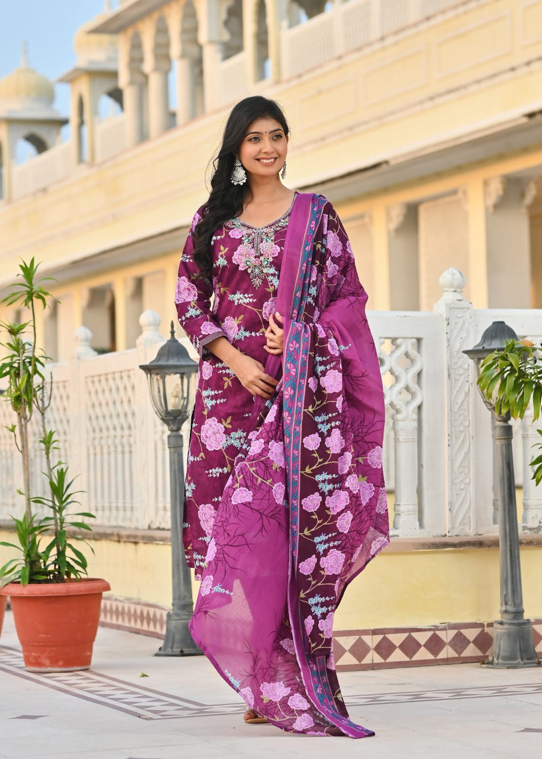 Plum Purple Floral Printed Cotton Suit Set with Dupatta