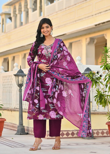 Plum Purple Floral Printed Cotton Suit Set with Dupatta