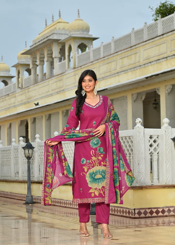 Magenta Floral Printed Cotton Suit Set with Dupatta