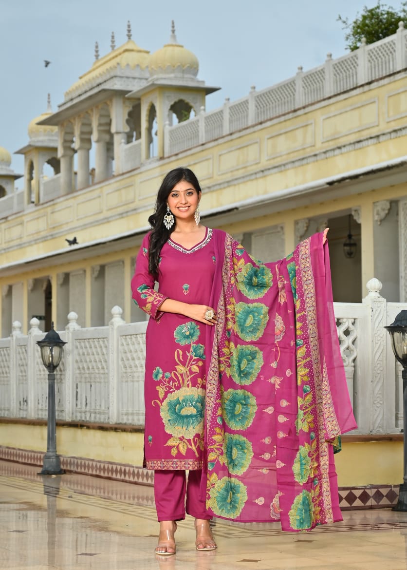Magenta Floral Printed Cotton Suit Set with Dupatta