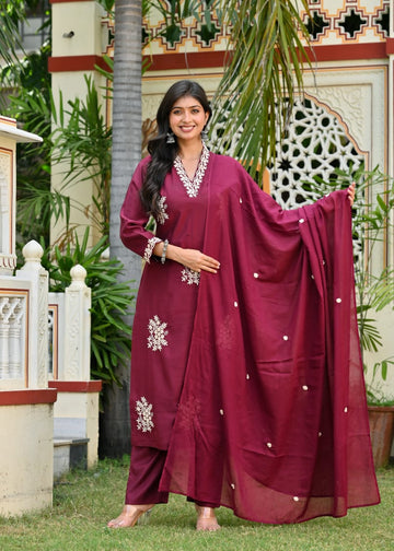 Maroon Embroidered Cotton Suit Set with Dupatta