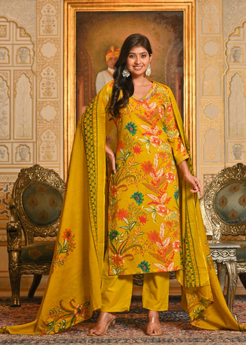 Mustard Yellow Floral Printed Cotton Suit Set with Dupatta