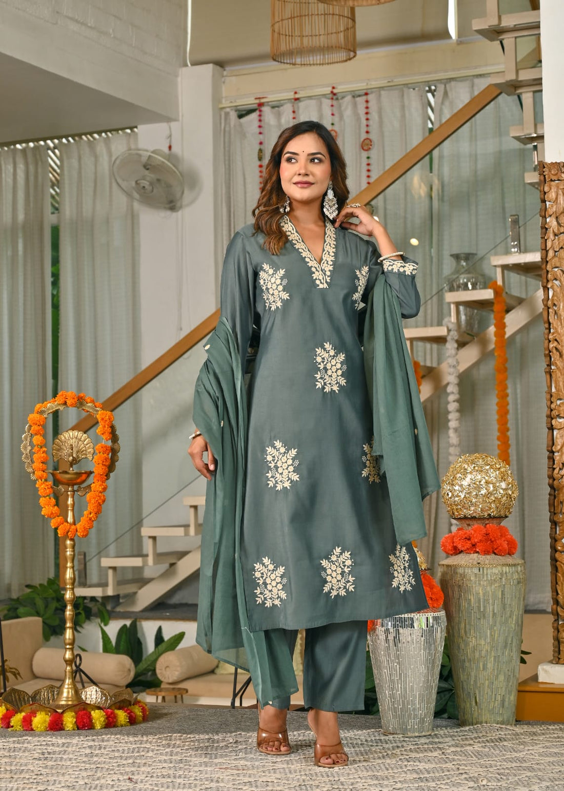 Sage Green Embroidered Cotton Suit Set with Dupatta