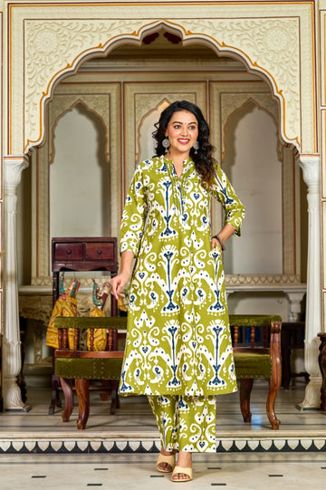 Olive Green Ikat Printed Cotton Kurta Set